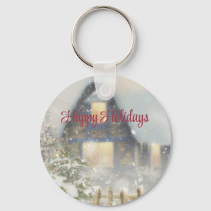 A house with a Christmas tree and a fence Keychain