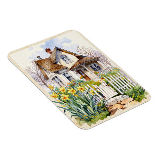 a house with blooming yellow daffodils magnet