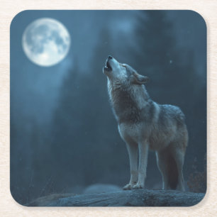 A Howling Wolf Square Paper Coaster