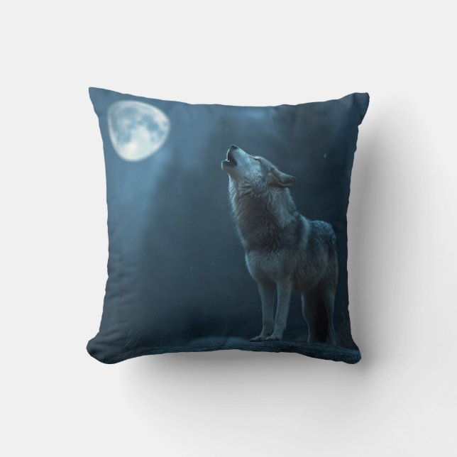 A Howling Wolf Throw Pillow (Front)