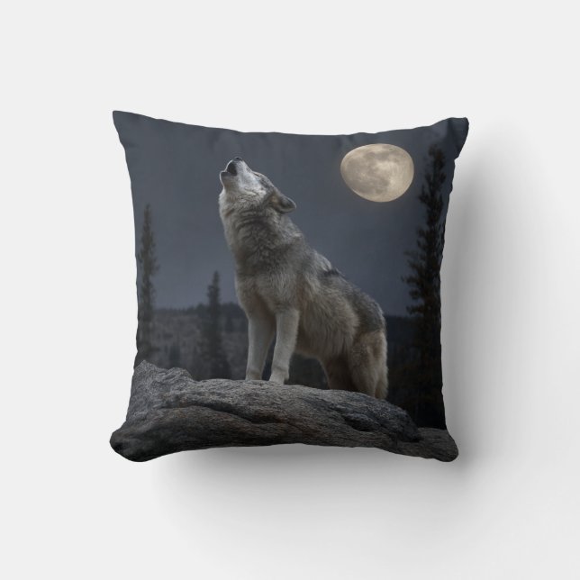 A Howling Wolf Throw Pillow (Front)