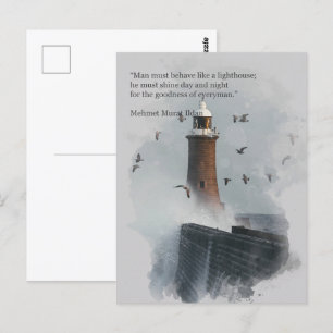 A huge wave hitting a lighthouse postcard