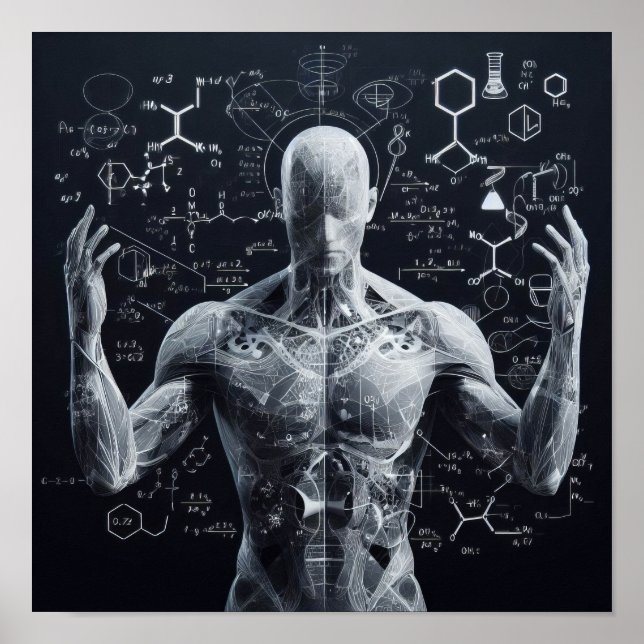 A humanoid superimposed on a data sheet poster (Front)