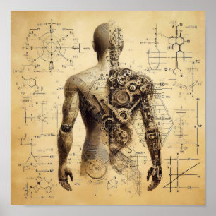 A humanoid superimposed on a data sheet poster