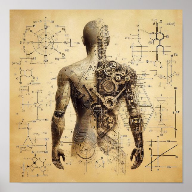 A humanoid superimposed on a data sheet poster (Front)