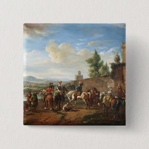 A Hunting Party by a Country House (oil on canvas) 2 Inch Square Button