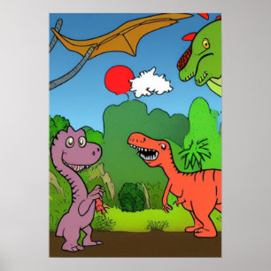 A.I. cartoon dinosaur's at play, fun Poster