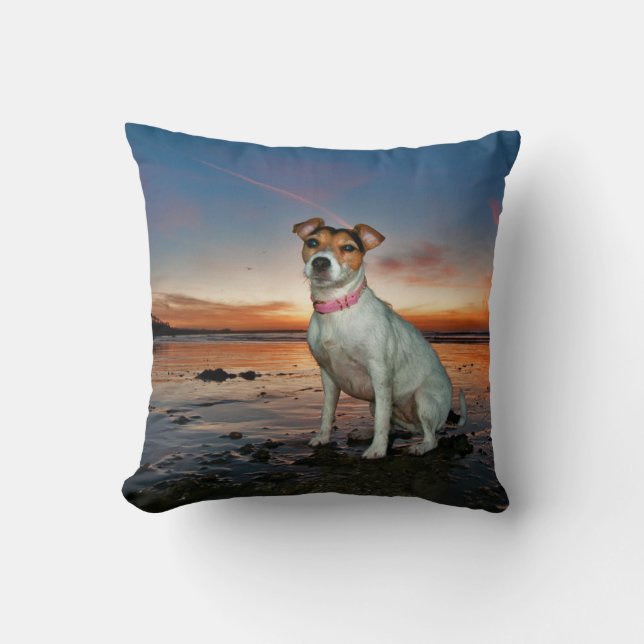 A Jack Russell Sitting Beach | Brighton Beach Throw Pillow (Front)
