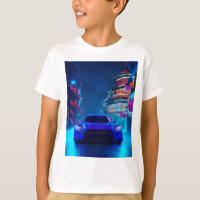 A Japanese car - A Japanese city - on a neon road 