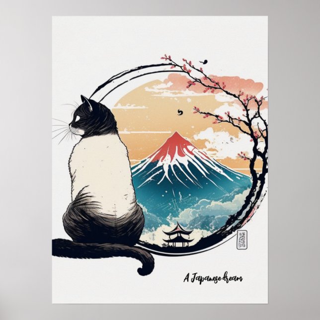 "A Japanese Dream" Cat and Fuji Poster (Front)