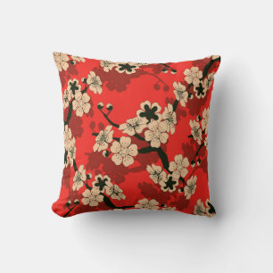 a Japanese style seamless tile with a cherry tree  Throw Pillow