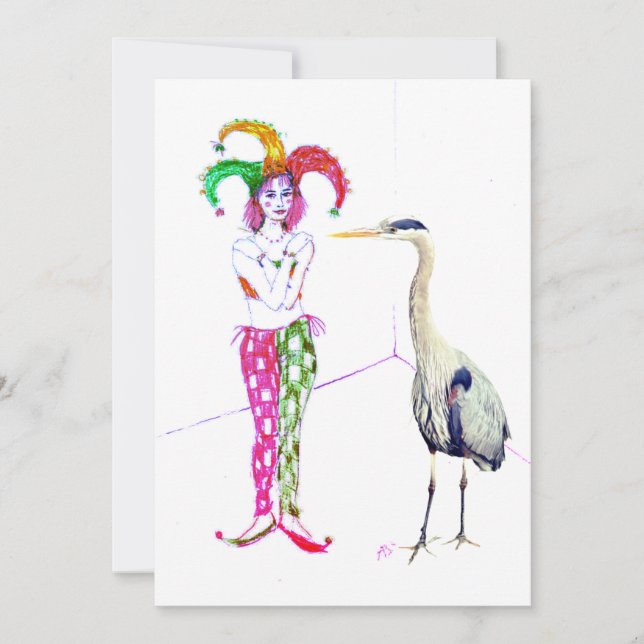 A jester and a blue heron invitation (Front)
