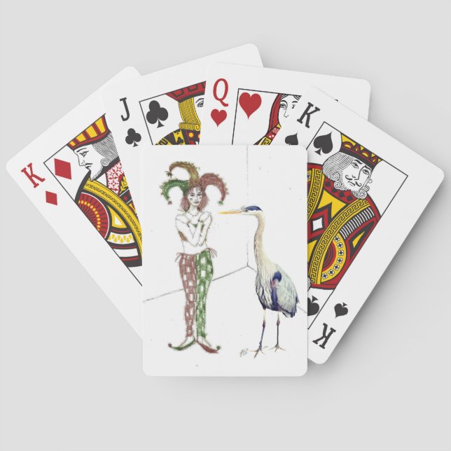 A jester and a blue heron playing cards (Back)