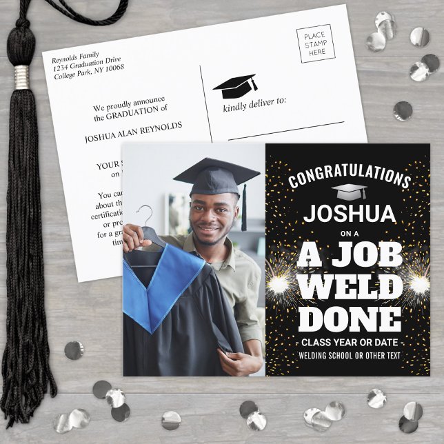A Job Weld Done Torch & Sparks Welder Graduation Announcement Postcard (Creator Uploaded)
