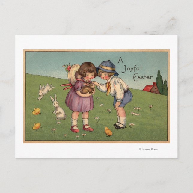 A Joyful EasterKids Holding a Bunny Holiday Postcard (Front)
