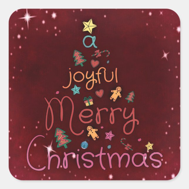 A Joyful Merry Christmas Greeting on Red Square Sticker (Front)