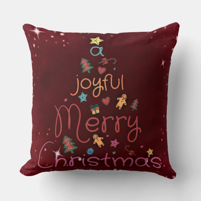 A Joyful Merry Christmas Greeting on Red Throw Pillow (Front)