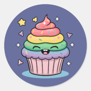 A Kawaii giggling cupcake with rainbow frosting an Classic Round Sticker