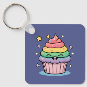 A Kawaii giggling cupcake with rainbow frosting an Keychain