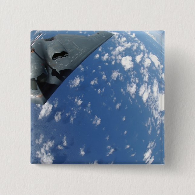 A KC-135 Stratotanker refuels a B-2 Spirit 2 Inch Square Button (Front)