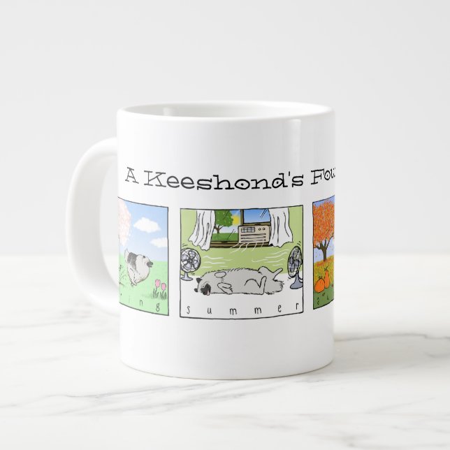A Keeshond Enjoys the Four Seasons - Fun Dog Art Large Coffee Mug (Front Left)