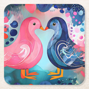 "A Kiss in Feathers" Happy Valentine's Day Square Paper Coaster