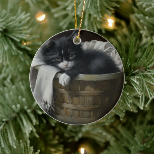 A Kittens Cozy Corner Ceramic Ornament (Tree)