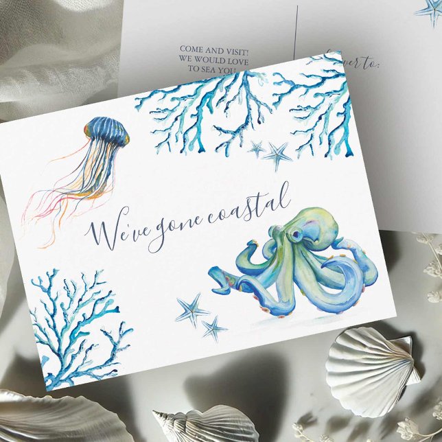 À la plage Nouvelle Maison Moving Carte postale Fa (Beach moving announcement postcards watercolor Blue sea art by Victoria Grigaliunas Do Tell A Belle)