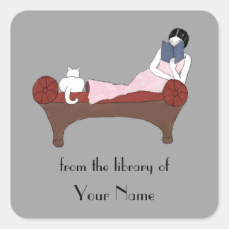 A Lady, A Cat and A Very Good Book Bookplates Square Sticker