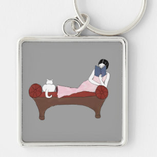 A Lady, A Cat and A Very Good Book Keychain