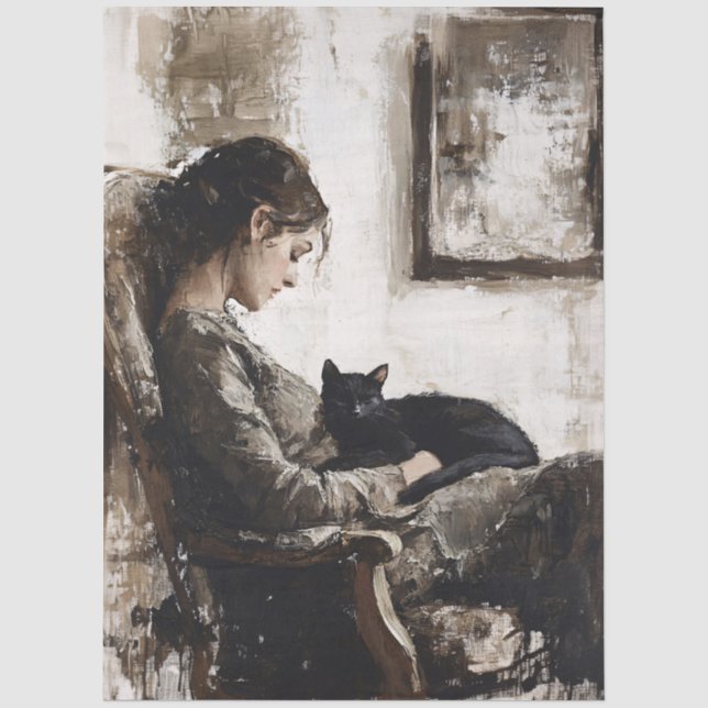 A Lady and Her Cat Decoupage Tissue Paper (Front)