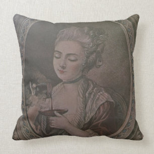 A Lady Drinking Chocolate (colour litho) Throw Pillow