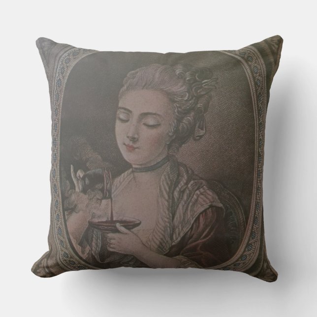A Lady Drinking Chocolate (colour litho) Throw Pillow (Front)