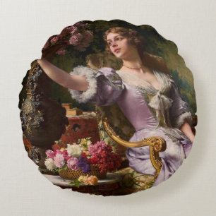 A Lady In A Lilac Dress With Flowers Round Pillow