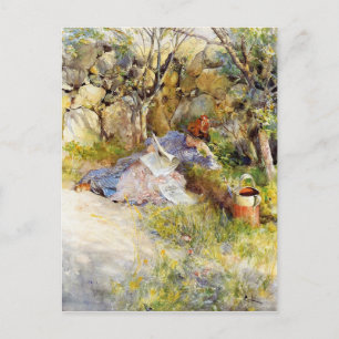 A Lady Reading a Newspaper Postcard