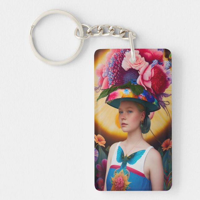 A lady with a floral sun hat keychain (Front)