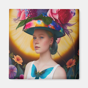 A lady with a floral sun hat magnet