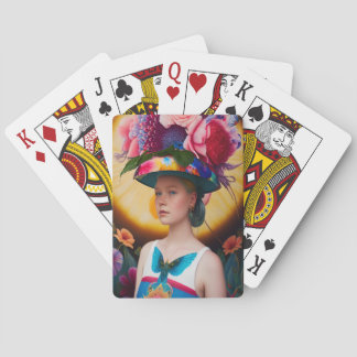 A lady with a floral sun hat playing cards