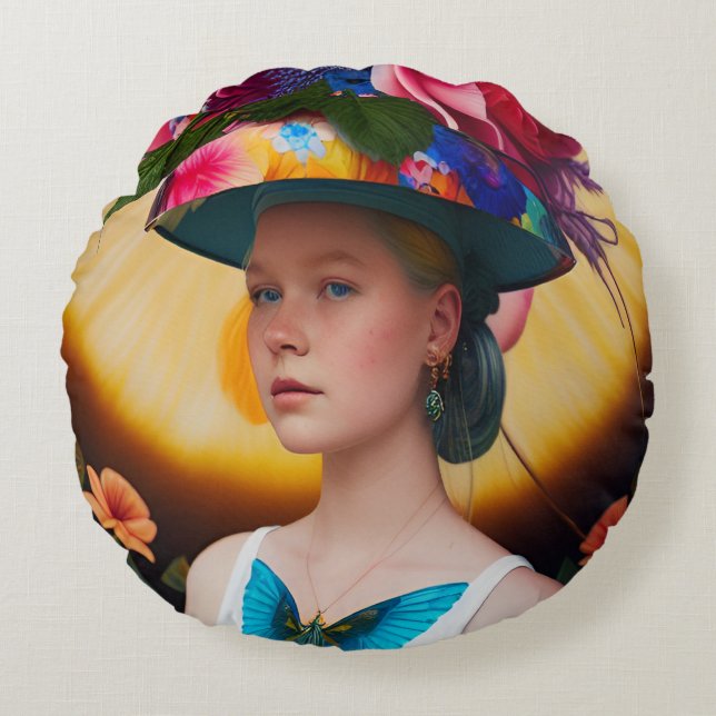 A lady with a floral sun hat round pillow (Front)
