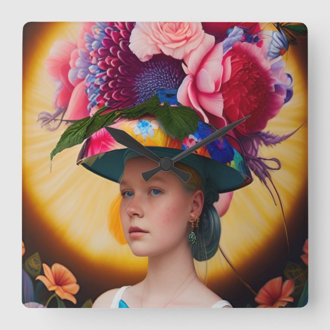 A lady with a floral sun hat square wall clock (Front)