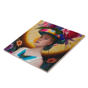 A lady with a floral sun hat tile