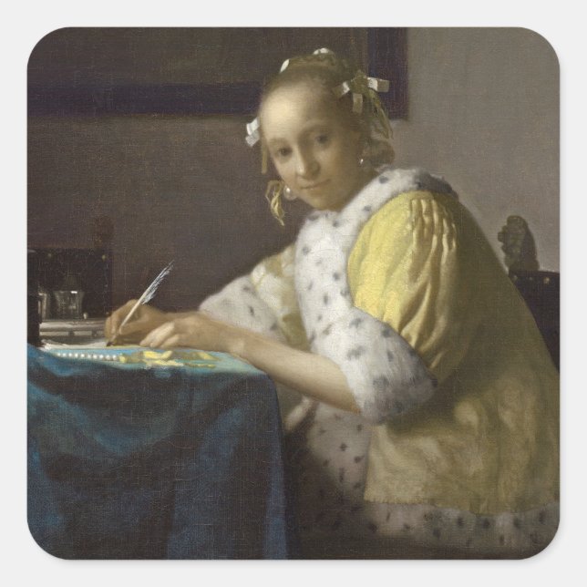 A Lady Writing, c. 1665 (oil on canvas) Square Sticker (Front)