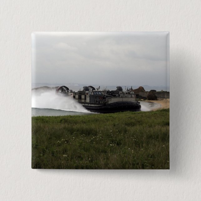 A landing craft air cushion comes ashore 2 inch square button (Front)
