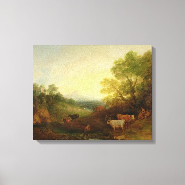 A Landscape with Cattle and Figures by a Stream an Canvas Print (Front)