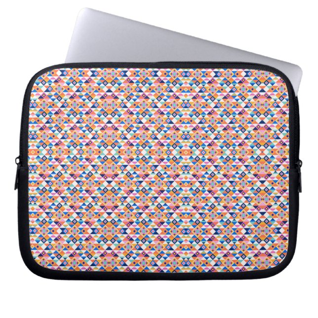 A laptop sleeve with a colorful, geometric pattern (Front)