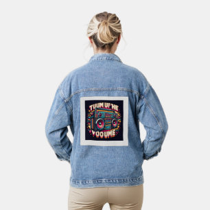 A large boom box graphic with "Turn Up the Volume" Denim Jacket