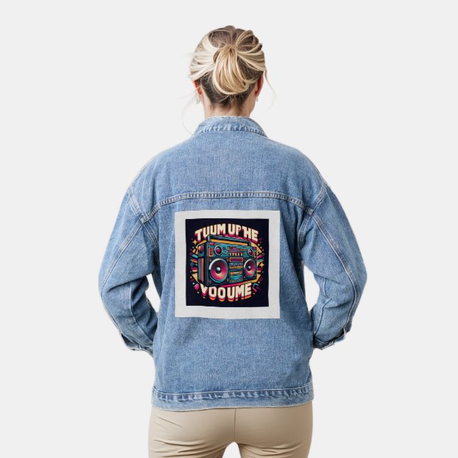 A large boom box graphic with "Turn Up the Volume" Denim Jacket (Model)