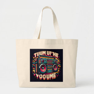 A large boom box graphic with "Turn Up the Volume" Tote Bag
