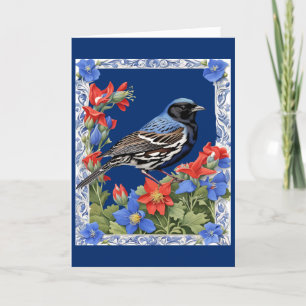 A Lark Bunting Surrounded by Colorado Columbine Holiday Card