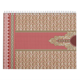A lavish fabric adorned with an elaborate red and  calendar